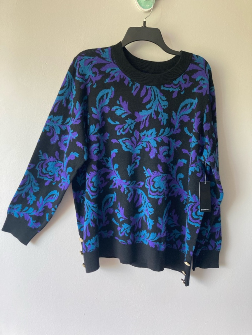 Rafaella crewneck sweater retro abstract print gold tone retro button accents 3X - Picture 10 of 17